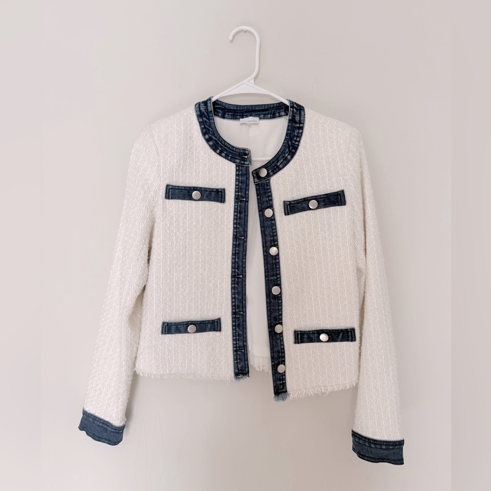 Ecru Ivory Tweed Jacket with Dark Denim Trim